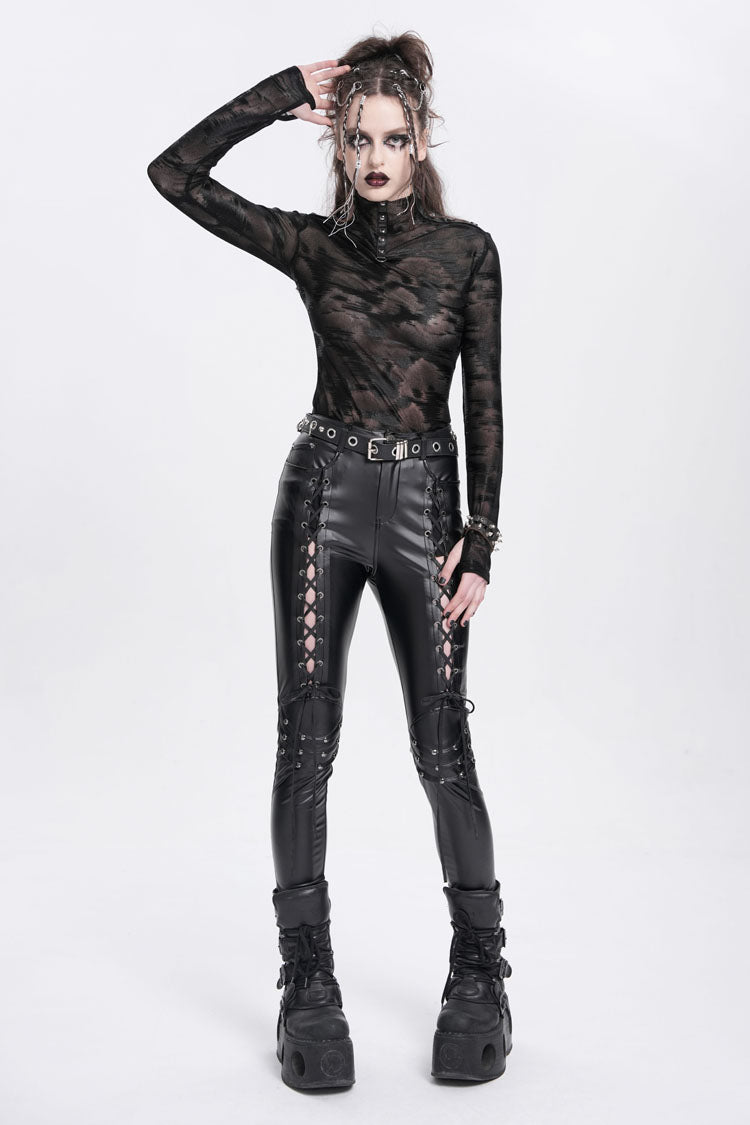 Black Stand Collar Sheer Studded Women's Punk Blouse