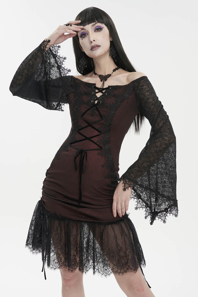 Red Elastic Texture One-Shoulder Hem Splicing Lace Bell Sleeve Women's Gothic Dress