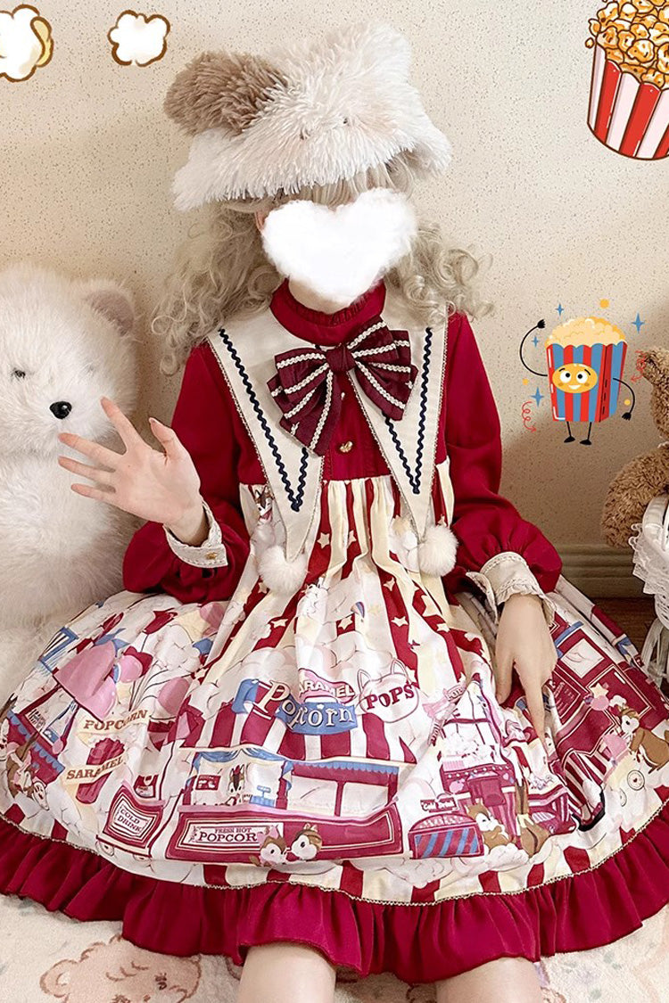 Red Long Sleeves Squirrel Popcorn Print Bowknot Sweet Lolita Dress
