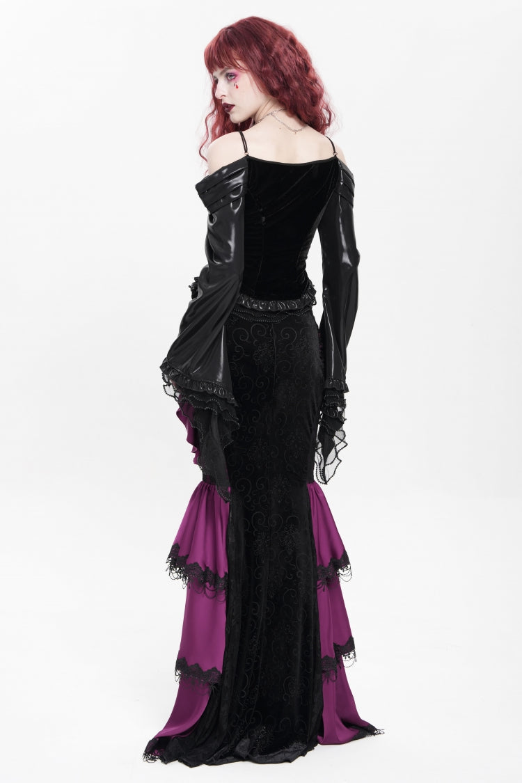 Purple Floral Print Lace-Up Rose Chain Women's Gothic Fishtail Skirt