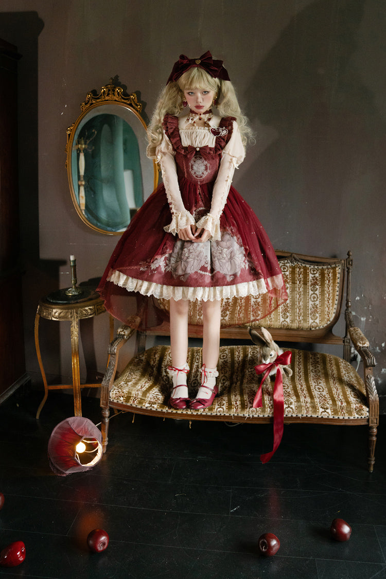 Red Bunny Tea Party Print Ruffle Bowknot Sweet Lolita Jsk Dress