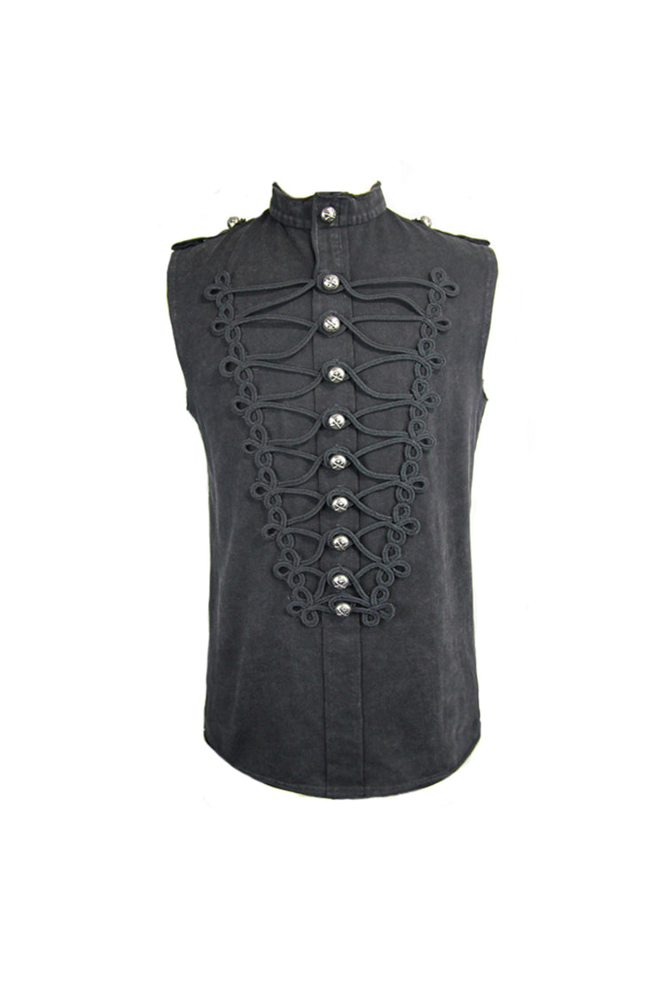黒軍服スタイル胸中国カエルボタンノースリーブメンズパンク T シャツ
