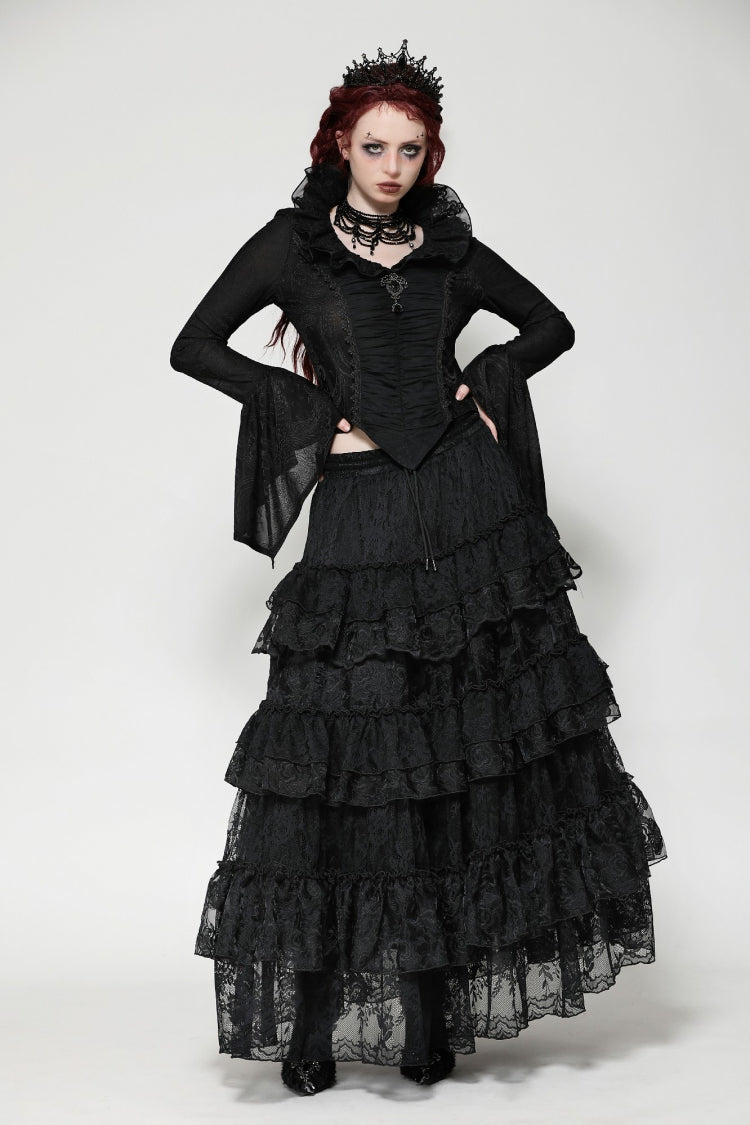 Damen-Gothic-Bluse aus schwarzer Spitze mit Rüschen, V-Stehkragen, langen, ausgestellten Ärmeln und Jacquard