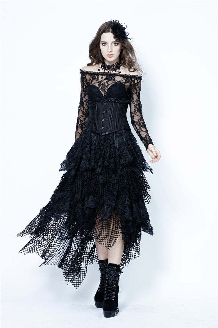 Black Women's Gothic Punk Multi-Layered Lace Mesh Asymmetric High-Low Skirt