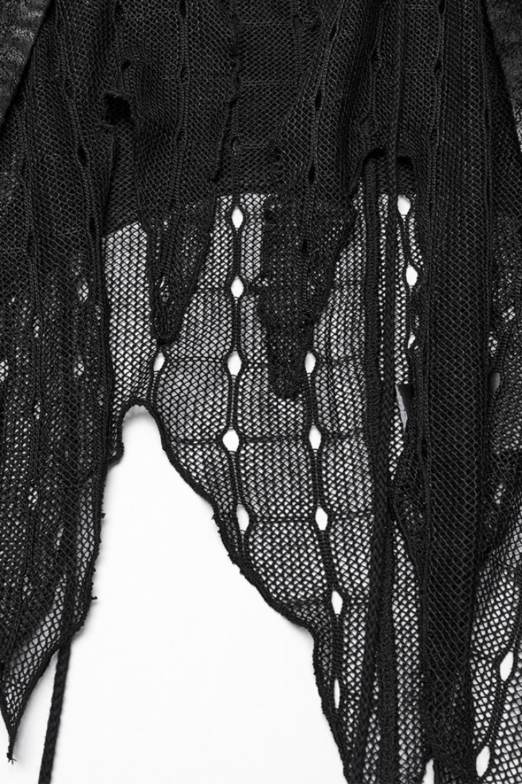 Black V Collar Sleeveless Stitching Lace-Up Irregular Mesh Women's Gothic Long Vest