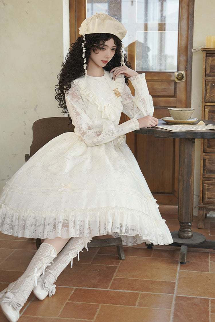 Ivory [Flower Sound] Long Sleeves Ruffle Cardigan Bowknot Lace Sweet Lolita Dress