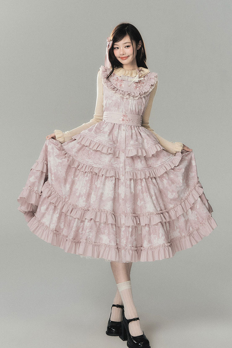 Rosa [Morning Dew Rose] Ärmelloses, mehrlagiges, gerüschtes, besticktes, süßes, chinesisch inspiriertes Lolita-Pulloverkleid mit rundem Kragen