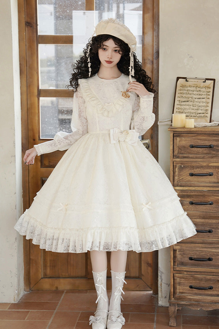Ivory [Flower Sound] Long Sleeves Ruffle Cardigan Bowknot Lace Sweet Lolita Dress