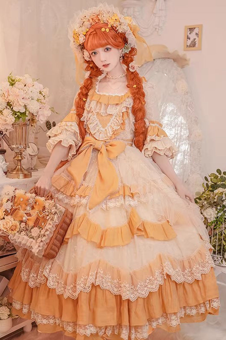 アプリコット/イエロー [フローラルガーデン] コテージコアスタイル スクエアカラー 半袖 多層フリル 花嫁リボンレース スイートプラスサイズ ゴージャスロリータ JSK ドレス