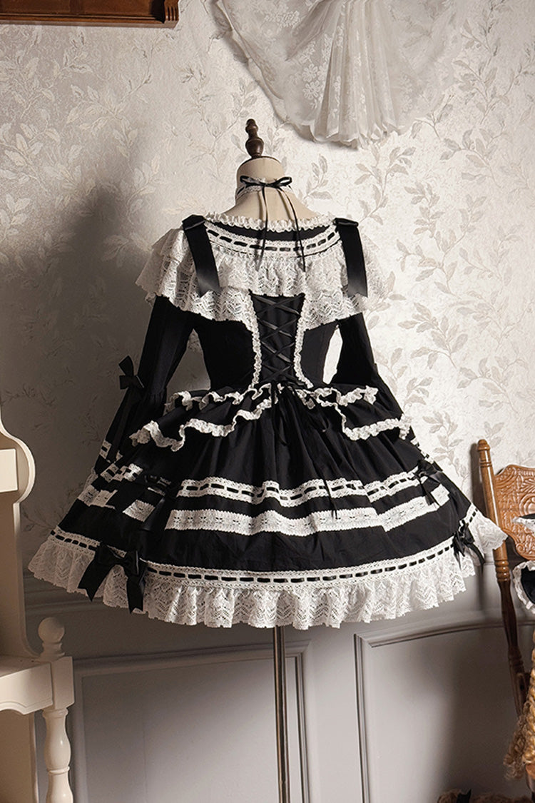 Black [Rabbit Sleeping Doll] Long Trumpet Sleeves Ruffle Bowknot Lace Sweet Lolita Dress