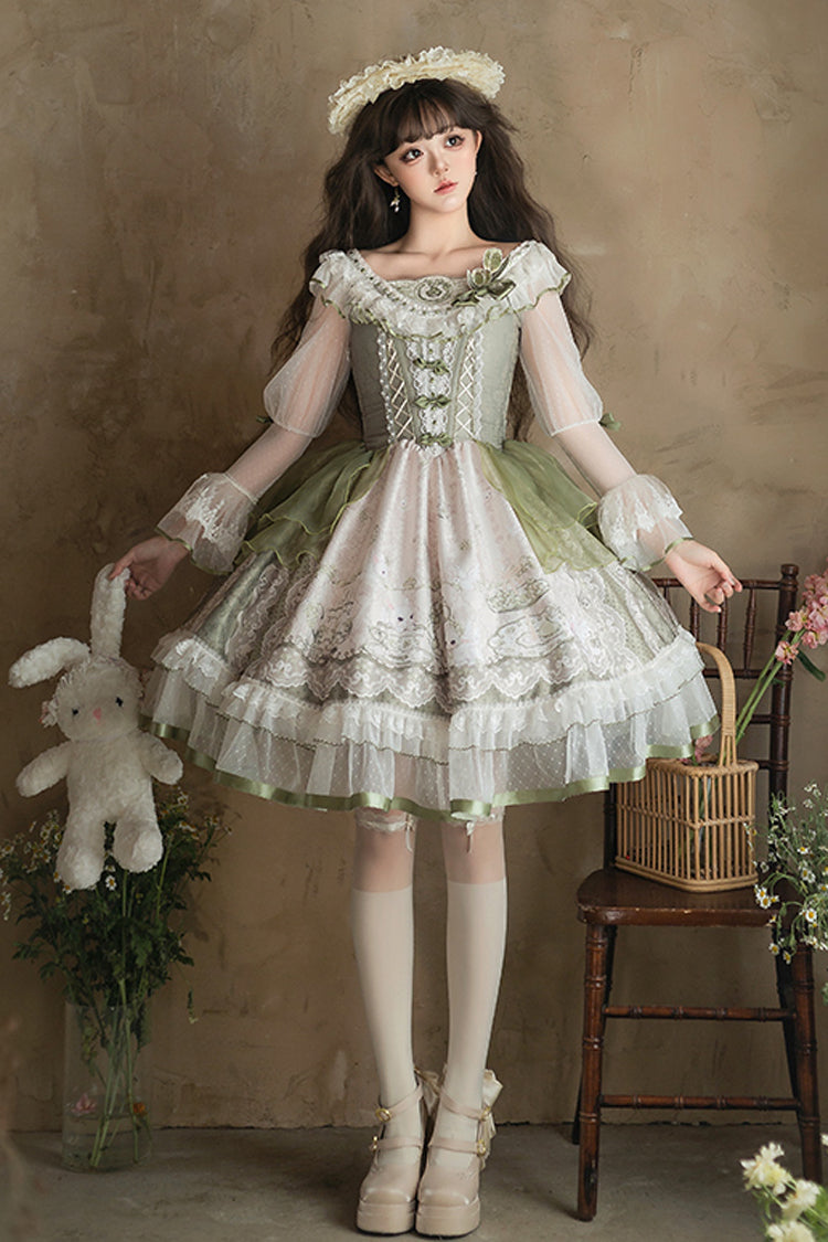 Green [Teacup Rabbit Little Fresh] Print Ruffle Bowknot Lace Lace-Up Sweet Lolita Jsk Dress