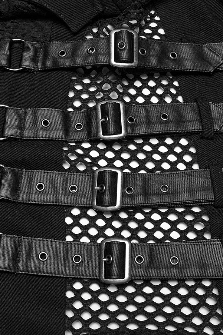 Black Stitching Mesh Rivet Buckle Men's Punk Vest