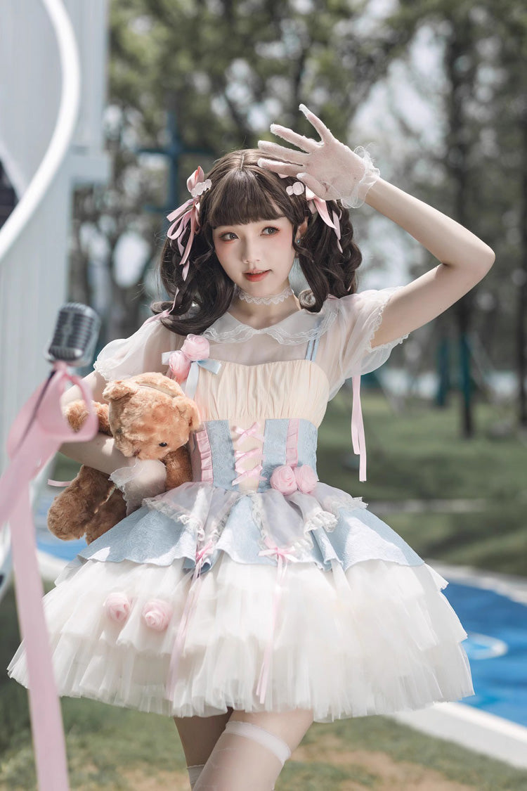 Blue/Pink Rose Peach Wine Sleeveless Multi-layer Ballet Style Sweet Lolita Jsk Dress