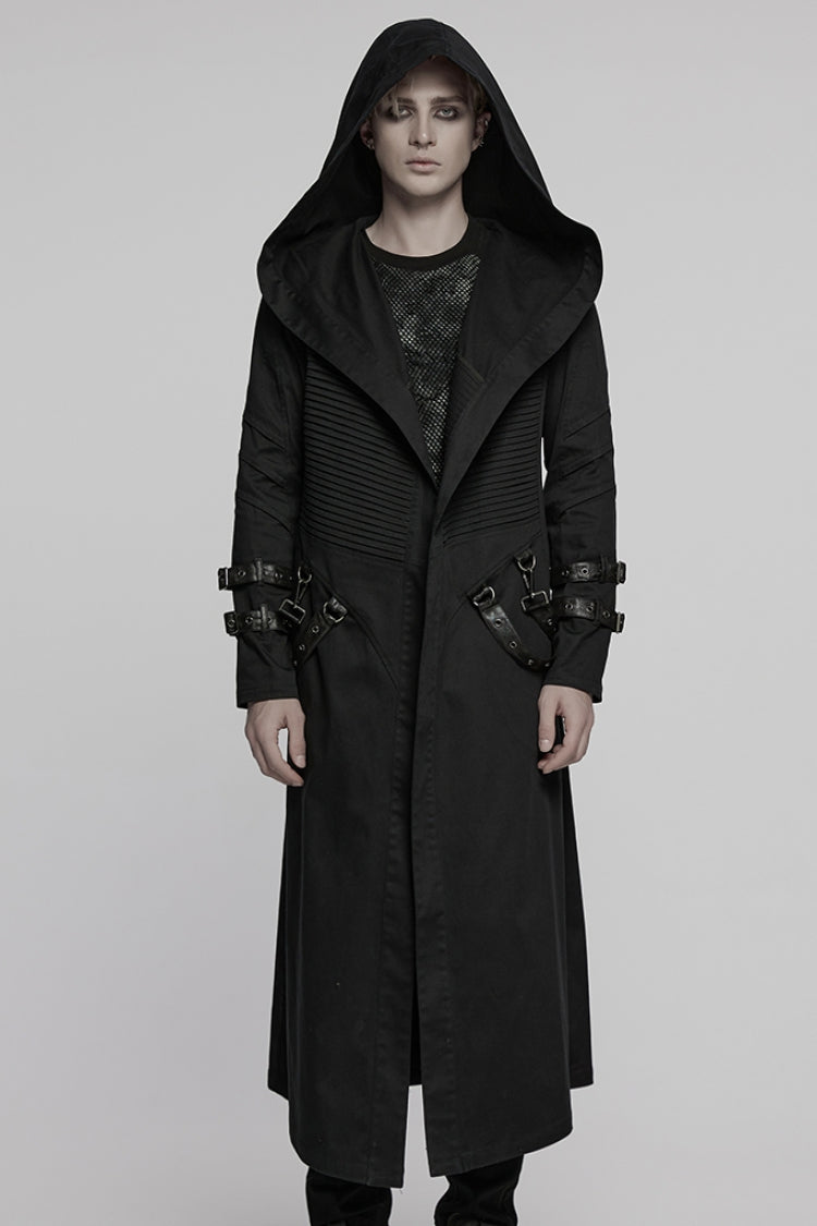 Manteau punk noir à col à revers, manches longues, à capuche et plissé pour homme avec sangle à boucle 