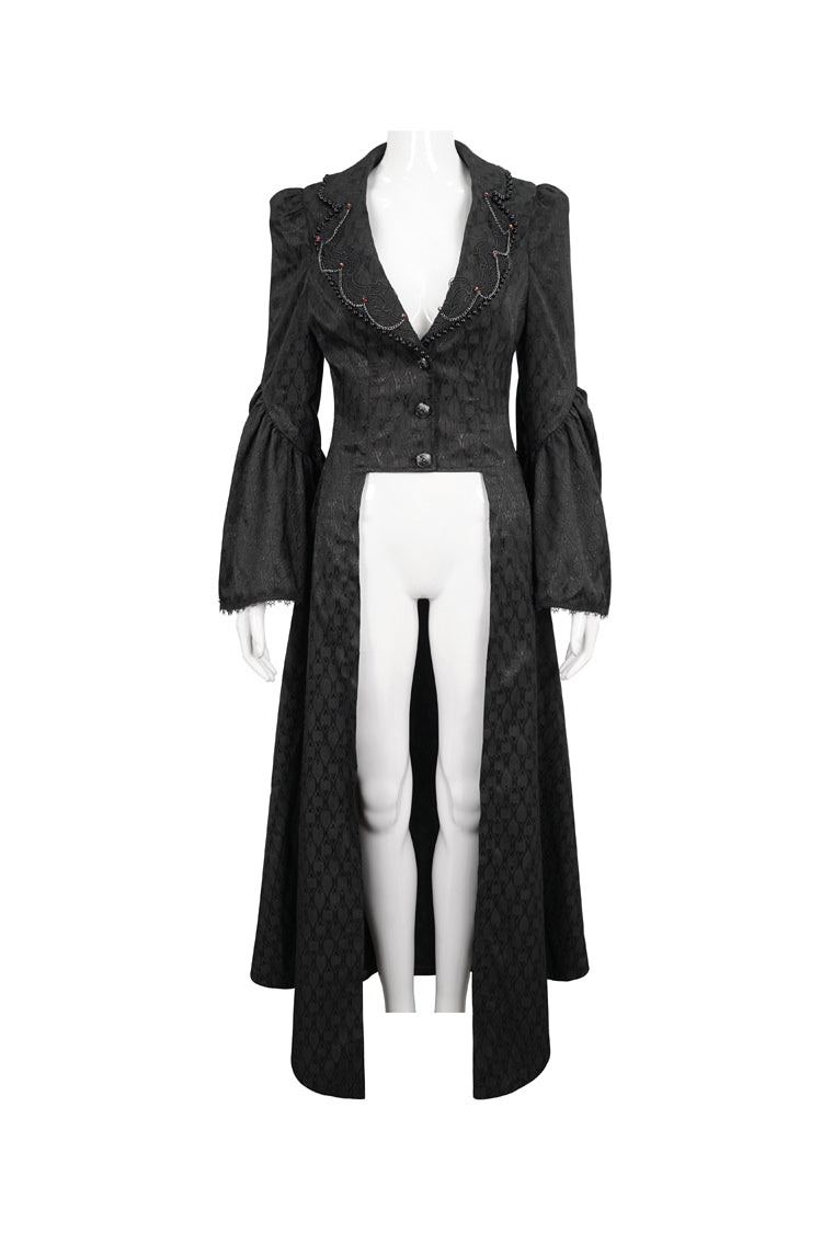 Black Jacquard Short Front Long Back Lapel Bead And Chain Trim Large Cuffs With Lace Trim Back Strap Thin Long Women's Gothic Coat