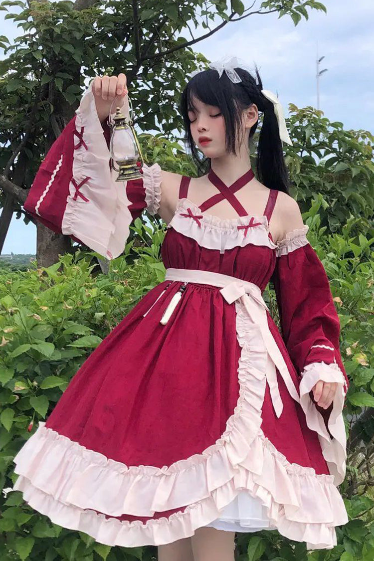 Red [Monet Estate] Sleeveless High Waisted Ruffle Bowknot Asymmetric Gothic Lolita Jsk Dress