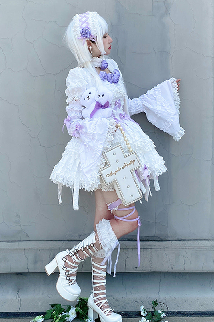 White/Purple Puff Short Sleeves Princess Gothic Lolita Tiered Dress