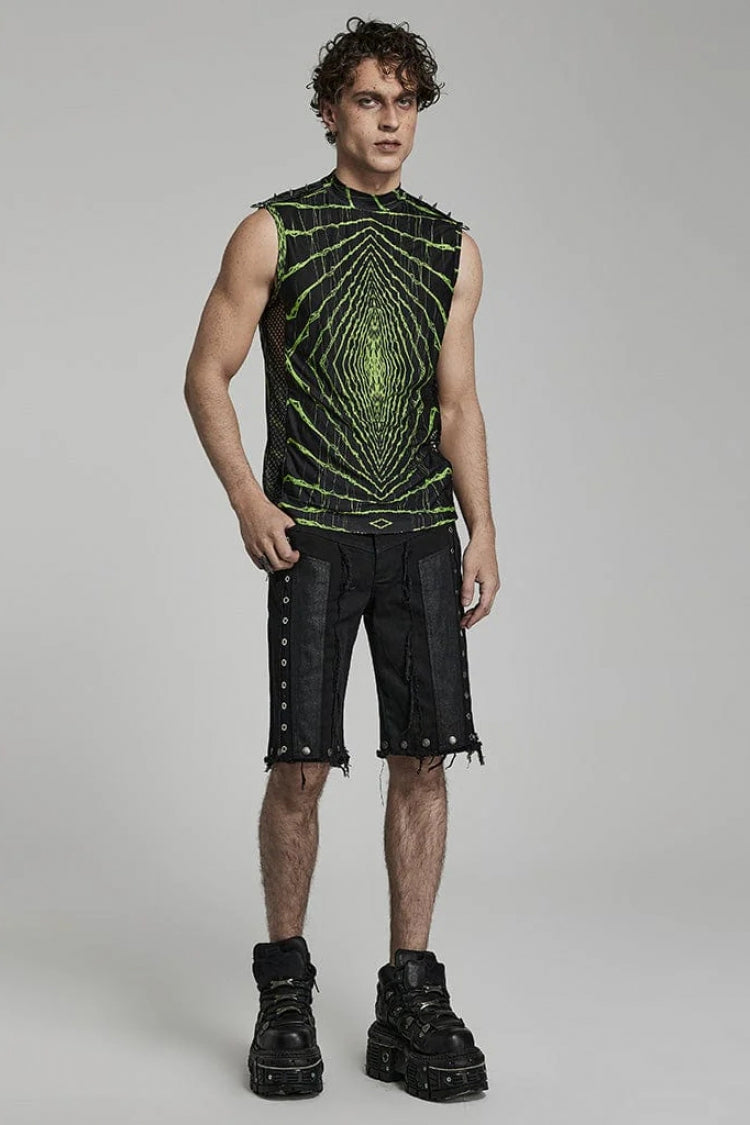 Halo Print Sleeveless Stitching Mesh Rivets Mens Steampunk T-Shirt 2 Colors