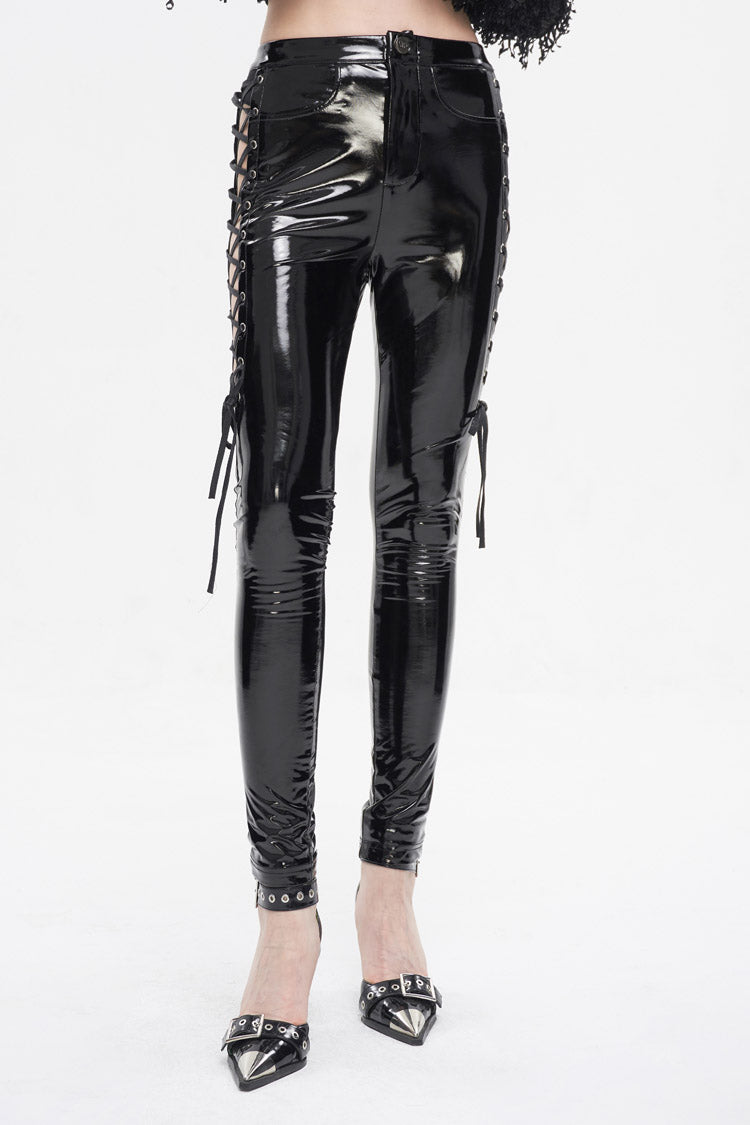 Black Patent Leather Side Cutout Lace Up Women's Punk Pants