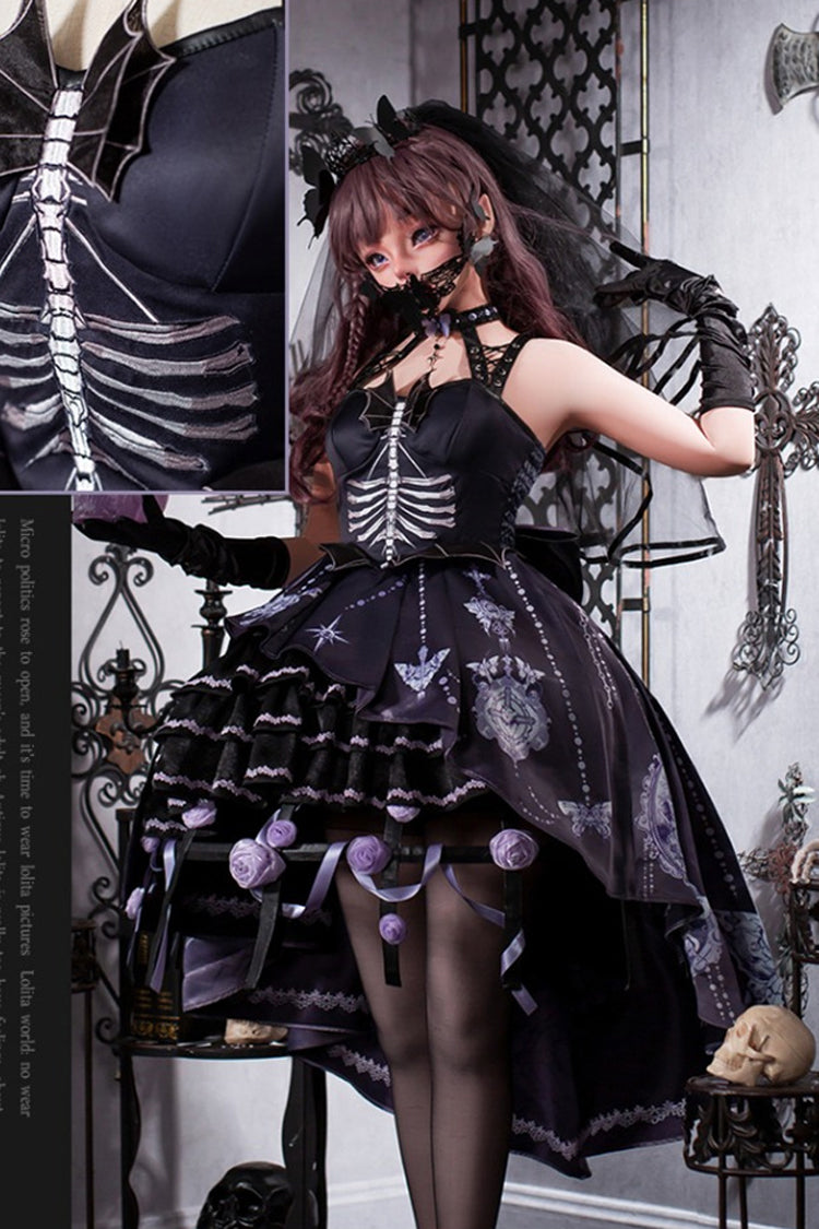 Black [Feast of Bones] Halterneck Multi-Layered Print Ruffle Lace Gothic Elegant Lolita Jsk Dress