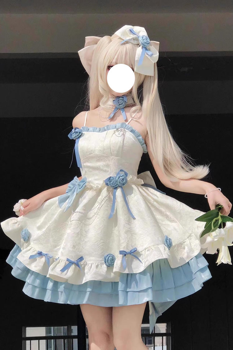 Apricot/Blue Print Ruffle Bowknot Sweet Princess Lolita Jsk Dress