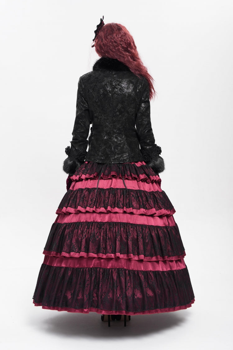 Black Long Sleeves Rose Floral Embroidery Buckle Straps Women's Gothic Coat