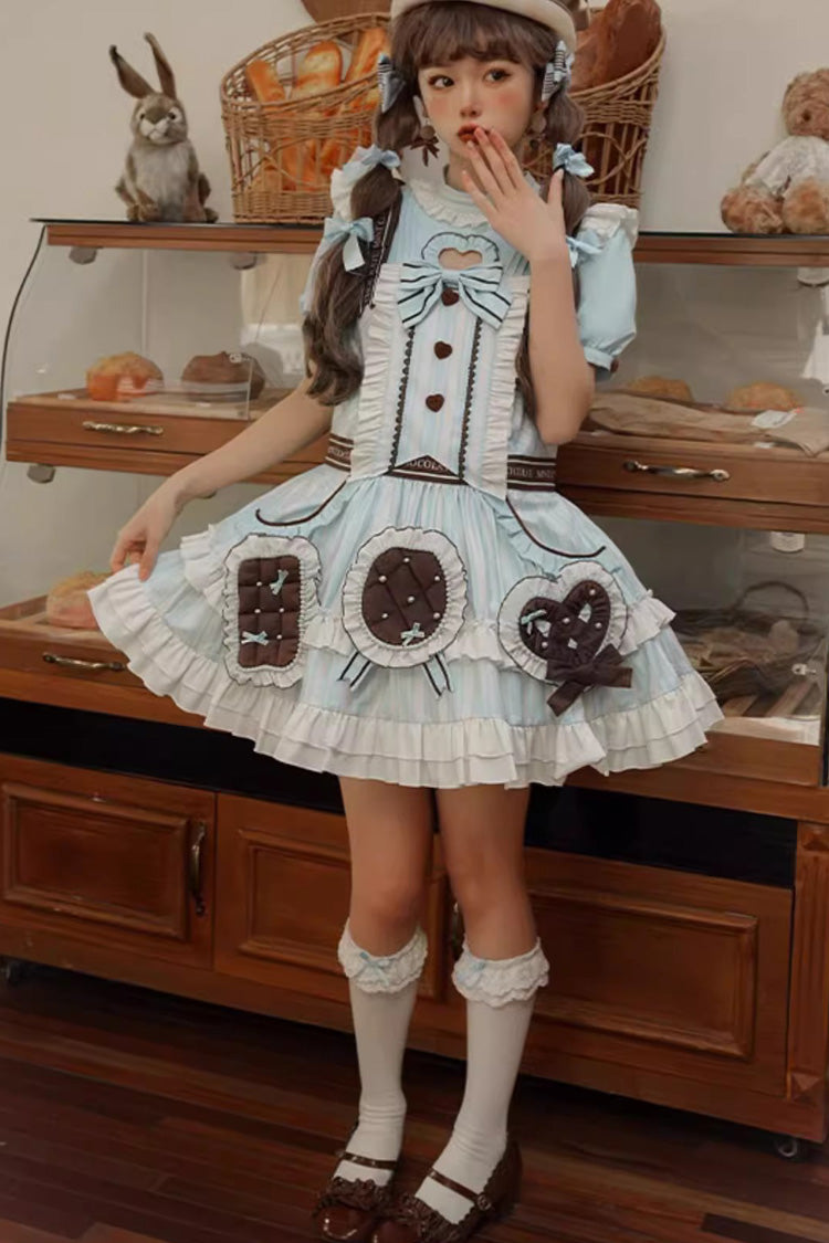 Light Blue Sea Salt Cookies Short Sleeves Print Ruffle Bowknot Sweet Lolita Dress