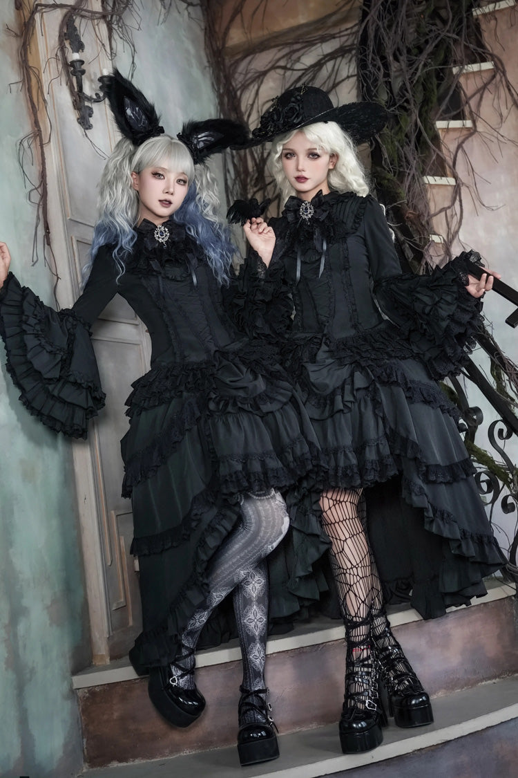 Black [Immortal Phoenix] Long Hime Sleeves Multi-Layered Ruffled Bow Lace-Up Gothic Lolita Skirt Dress Set