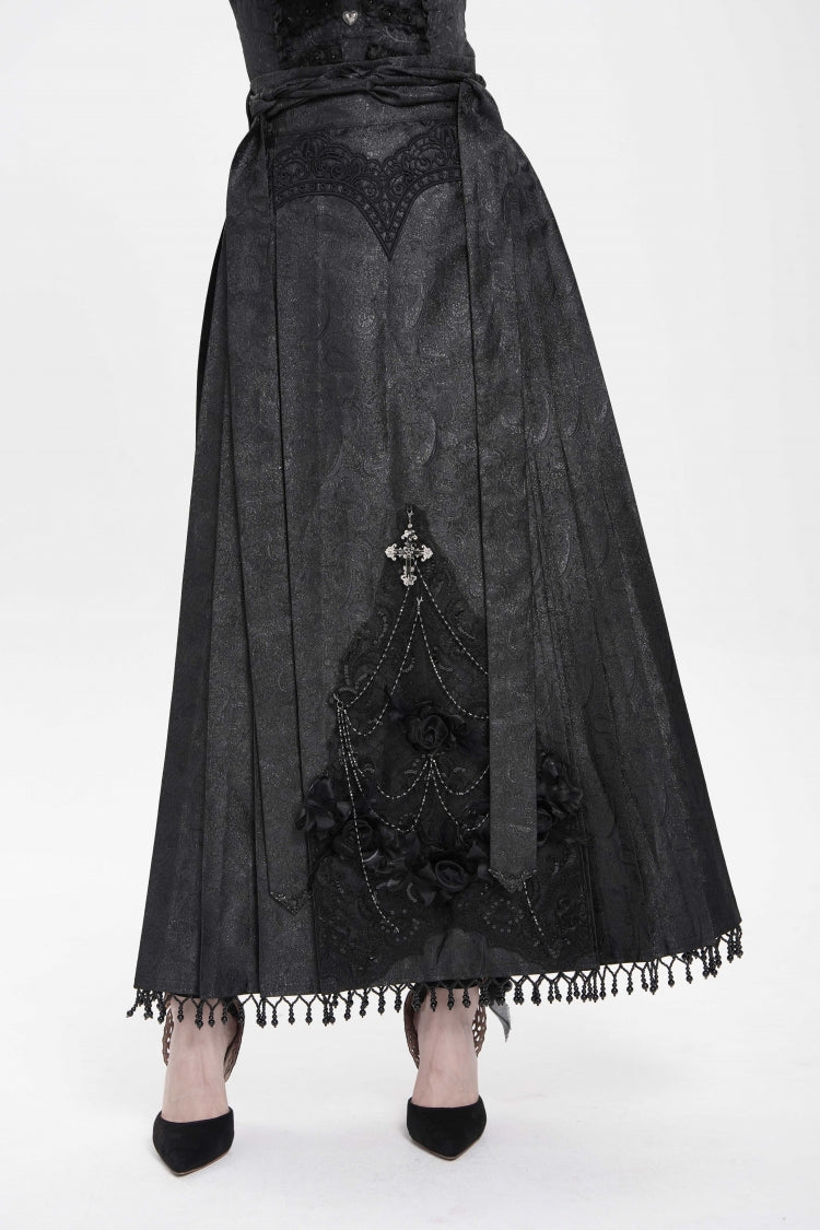 Black Floral Cross Embroidery Chain Women's Gothic Horse-face Long Skirt