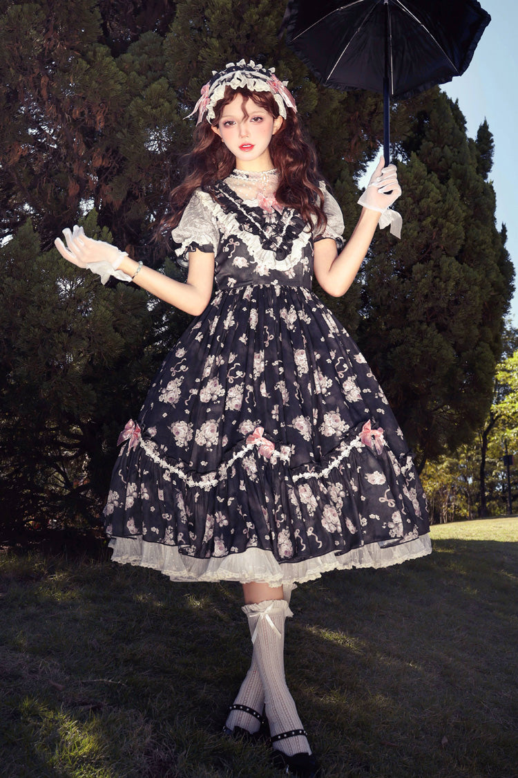 [Daydream Rose] Kurzärmliges Kleid mit Blumen-Jacquard-Print, Rüschenstickerei, Schleifenknoten, Sweet Lolita, in 3 Farben 