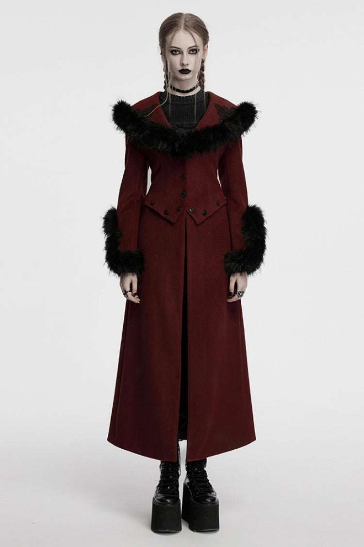Red Long Sleeves Faux Fur Stitching Lace-Up Detachable Women's Gothic Coat