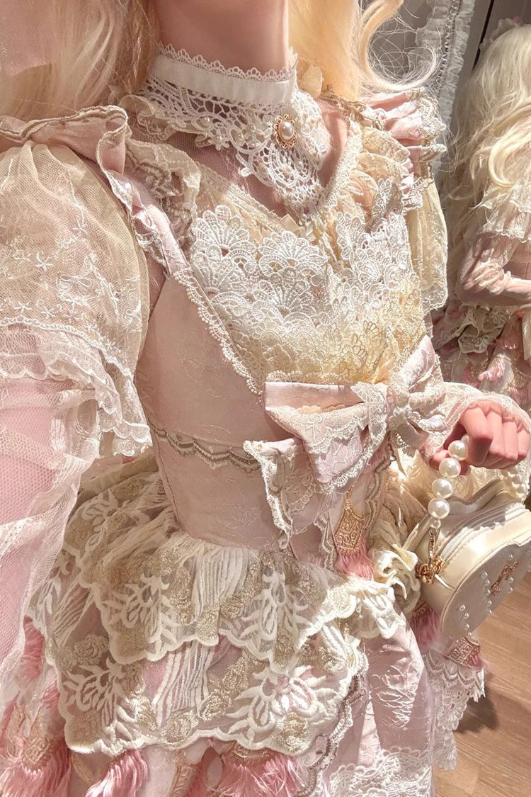 Pink [Peacock Feather] Multi-Layered Ruffle Hanayome Cardigan Bowknot Lace Sweet Lolita Jsk Dress Set