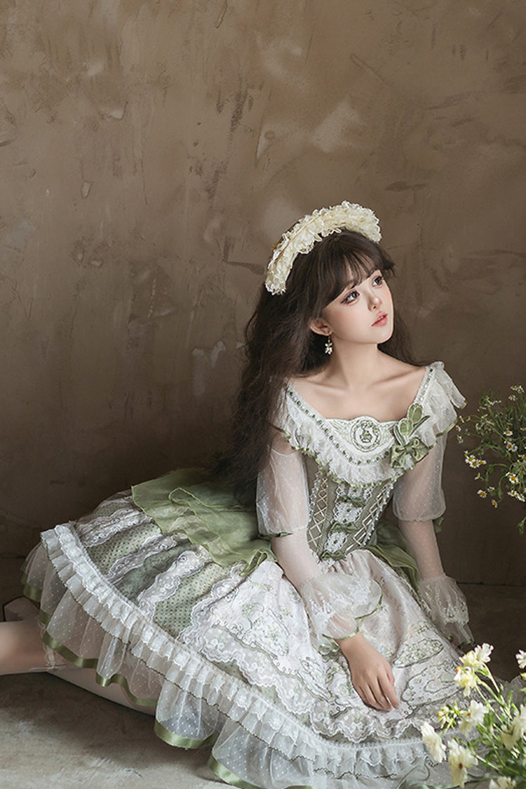 Green [Teacup Rabbit Little Fresh] Print Ruffle Bowknot Lace Lace-Up Sweet Lolita Jsk Dress