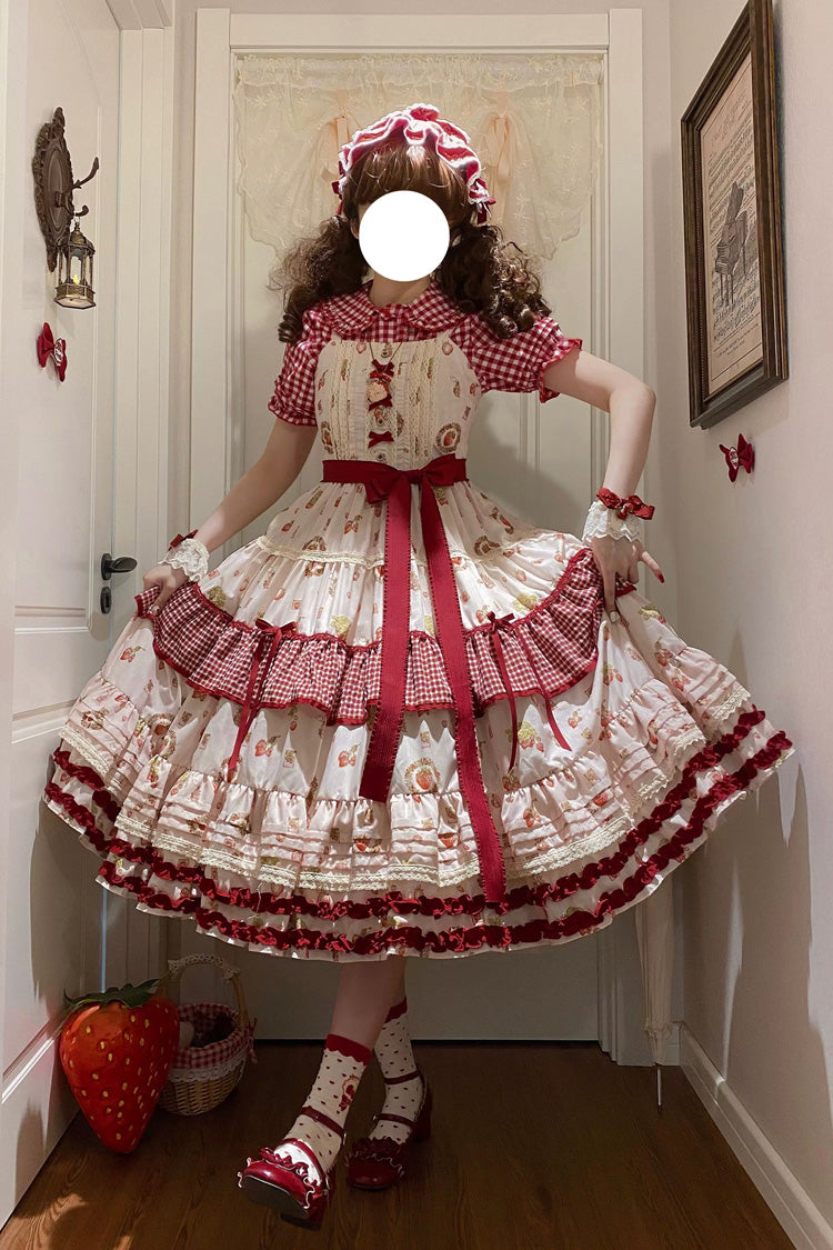 Red/Ivory [Little Flying Strawberry] Square Collar Sleeveless Multi-Layered Printed Ruffled Bow Sweet Lolita Jsk Dress