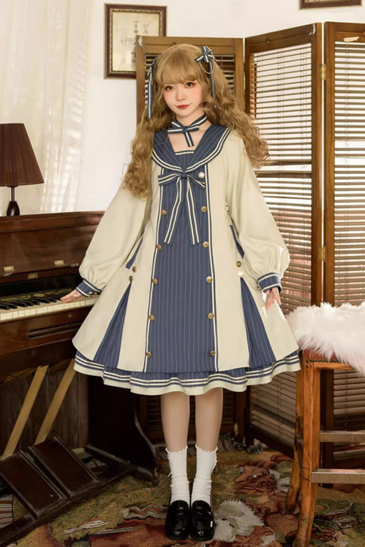 Blue/Apricot Navy Collar Long Sleeves Print Ruffle Bowknot Sweet Plus Size Lolita Dress