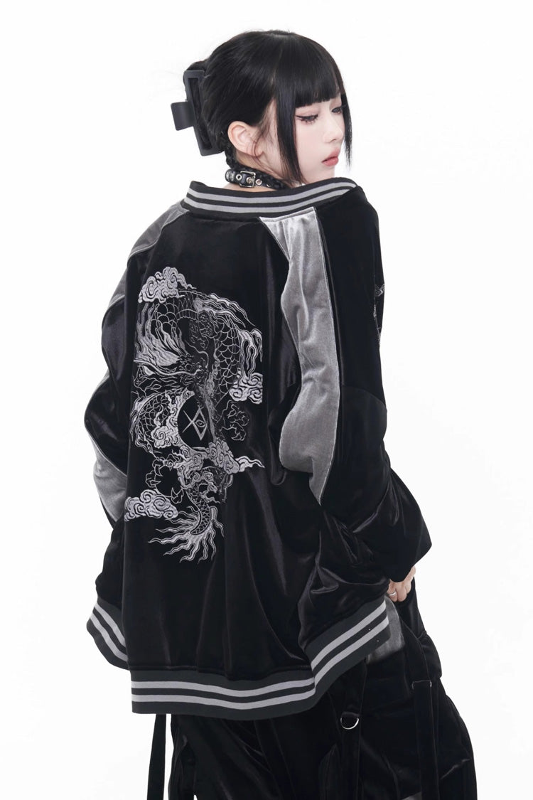 Black Long Sleeves Print Embroidery Gothic Jirai Kei Chinese Style Japanese Coat