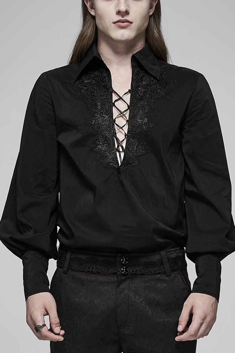 Black V Collar Long Puff Sleeves Hollow Lace-Up Mens Gothic Blouse