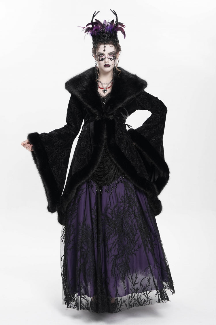 Black Long Sleeves Floral Embroidery Women's Gothic Fluffy Coat