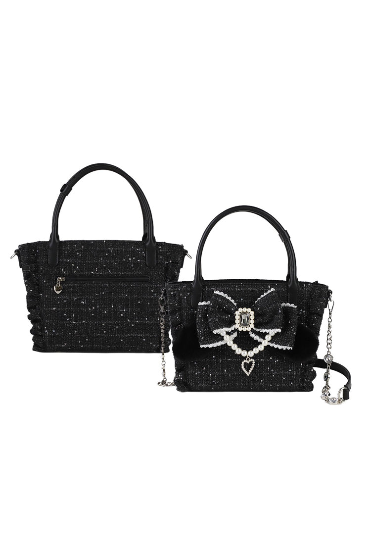 Sweet Ruffle Bowknot Zipper Pearl Chain Japanese Lolita Handbag 4 Colors