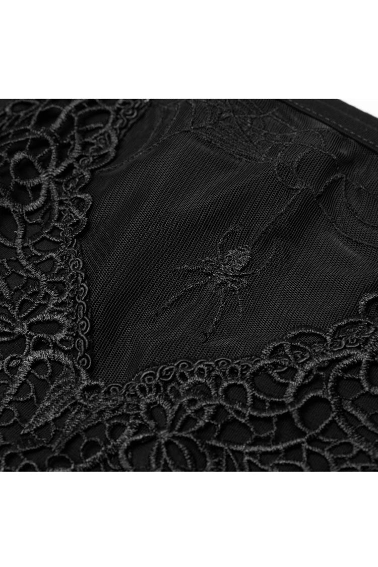 Schwarzes kurzärmliges, orizontales Halsteil, vordere Brustpartie, Spitzenstickerei, Rüschensaum, Gothic-T-Shirt für Damen