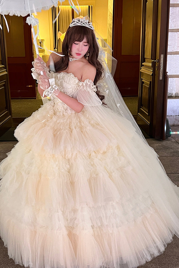 ホワイト【乙女の恋】オフショルダー三段フリル花嫁リボンレーススイートプリンセスロリータドレス