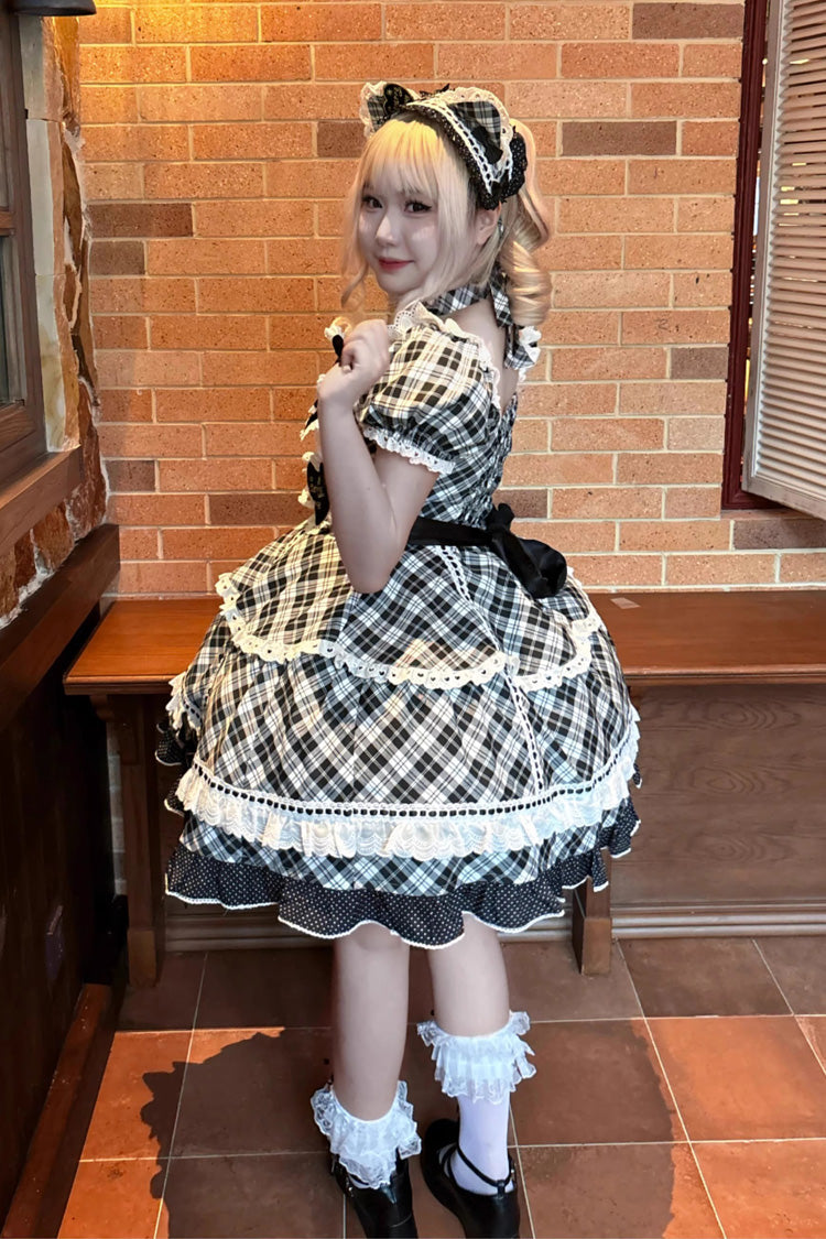 Black/White [Shibuya Sweetheart] Short Sleeves Plaid Print Ruffle Bowknot Sweet Lolita OP Dress (Plus Size Support)