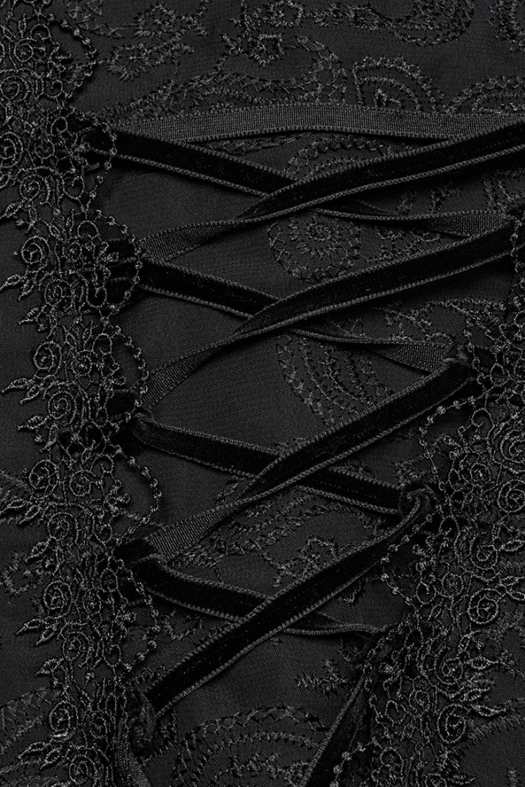 Black Stand Collar Long Puff Sleeves Jacquard Lace Women's Gothic Blouse