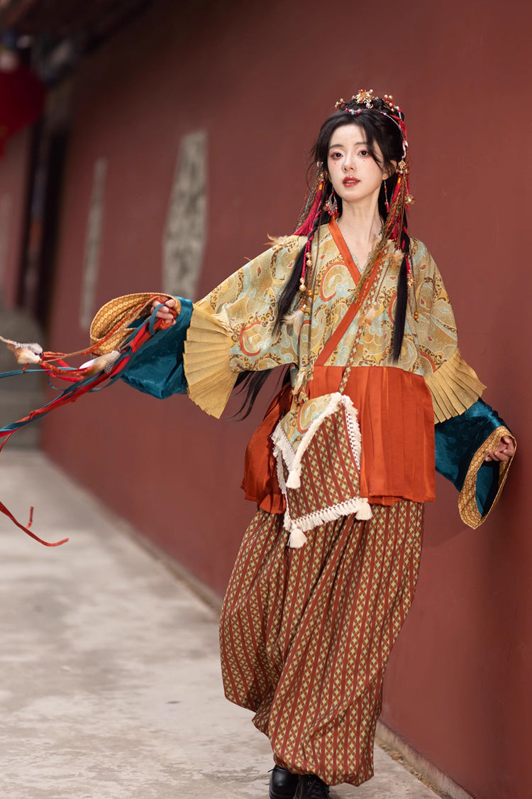 Multi-Color [Mountain and Sea Oath] Long Sleeves Print Ruffle Embroidery Classic Hanfu Set