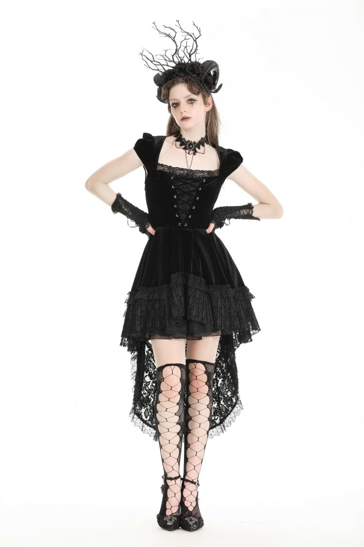 Schwarzes Damen-Gothic-Prinzessin-Samtkleid mit quadratischem Kragen, Flügelärmeln, Schnürung, hoher/niedriger Spitze und Rüschen