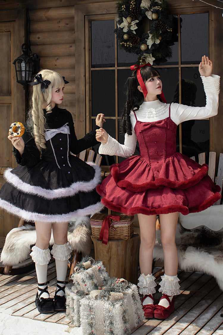 [Winter's Wish] Double-Layered Jacquard Bowknot Furry Sweet Lolita Jsk Dress 2 Colors