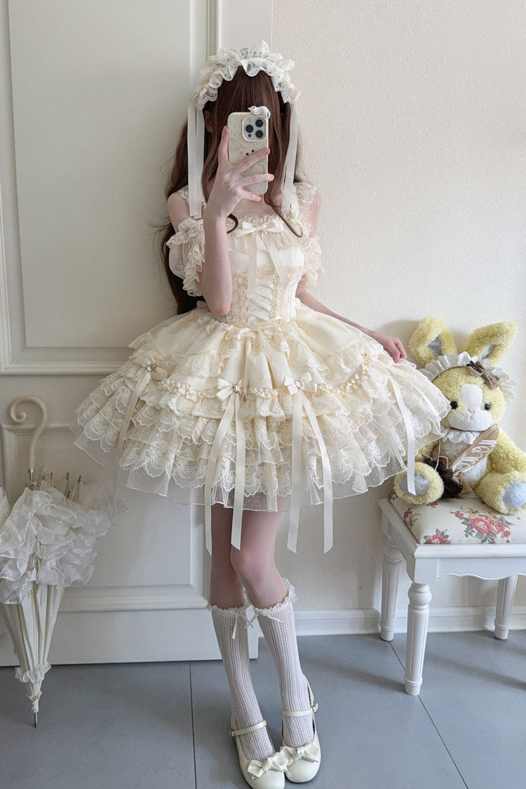 Apricot [Ribbon Heart Love] Sleeveless Multi-Layered Ruffle Bowknot Lace Lace-Up Sweet Princess Ballet Lolita Jsk Dress