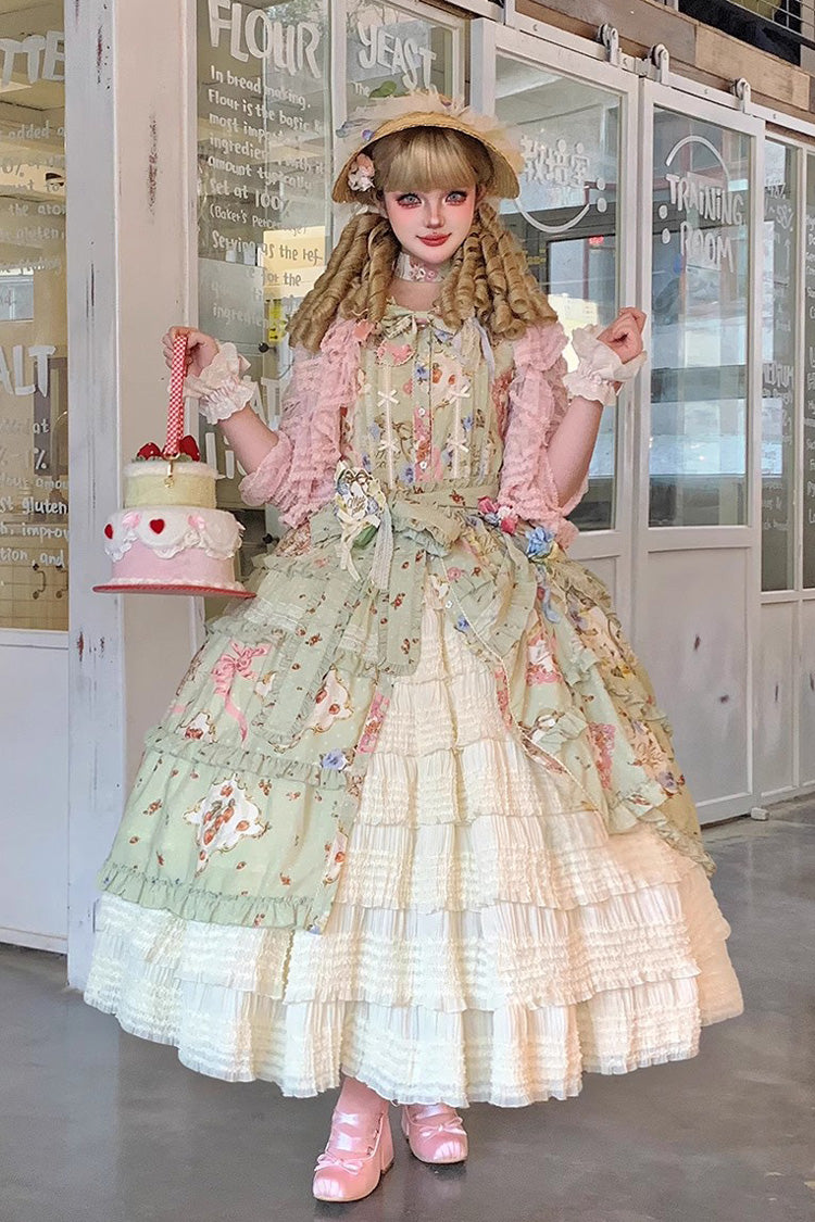 Robe Lolita Douce Quotidienne à Manches Courtes Imprimée Vert [Thé de Rose de Chat] avec Volants et Nœud Papillon 