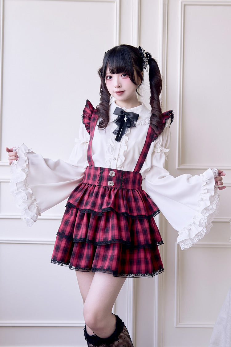 Red Triple-Layered Plaid Print Ruffle Gothic Jirai Kei Japanese Strap Dress