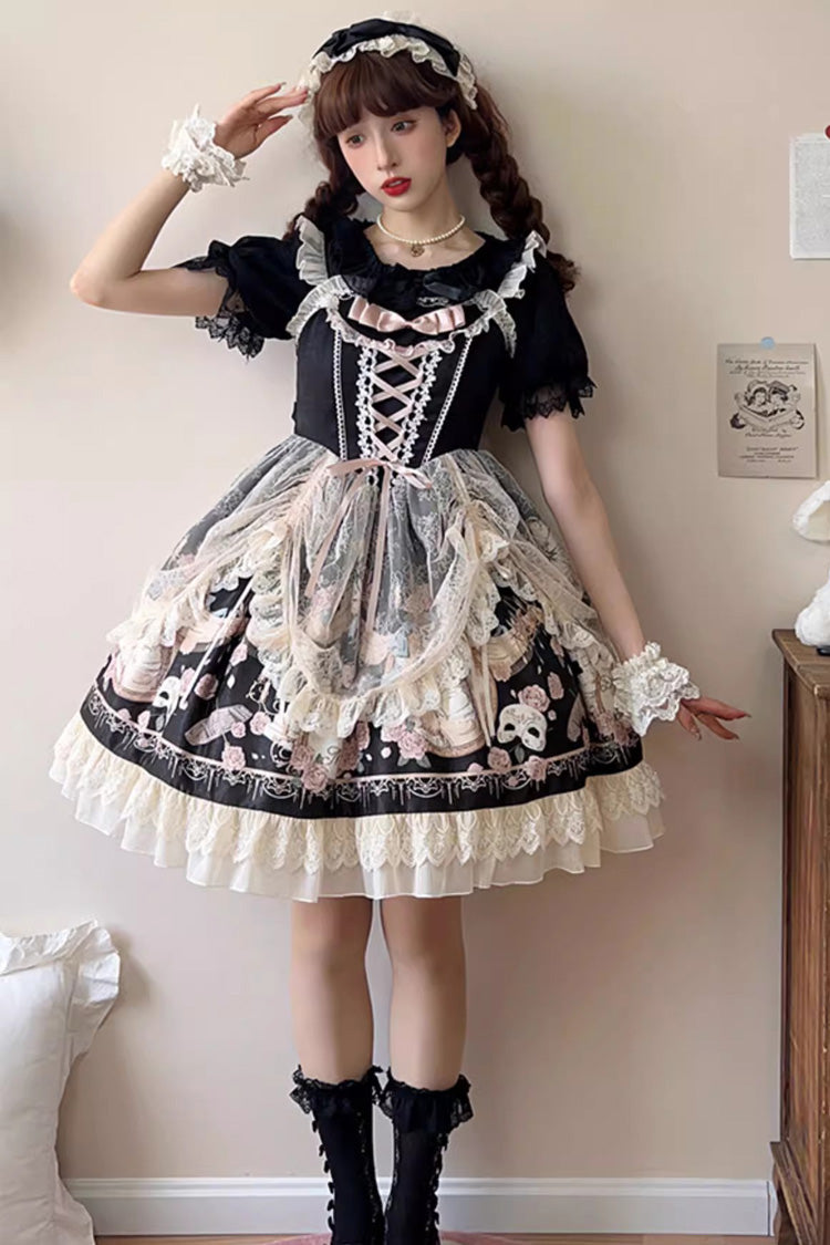 Black Sleeveless Rose Prologue Print Ruffle Bowknot Sweet Elegant Princess Lolita Jsk Dress